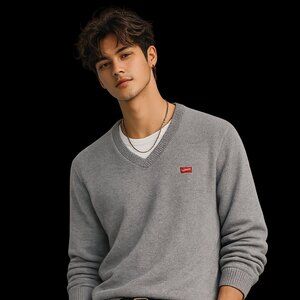 YUMMY - Levi’s Grey V-Neck Sweater | Small | Classic Logo Knit